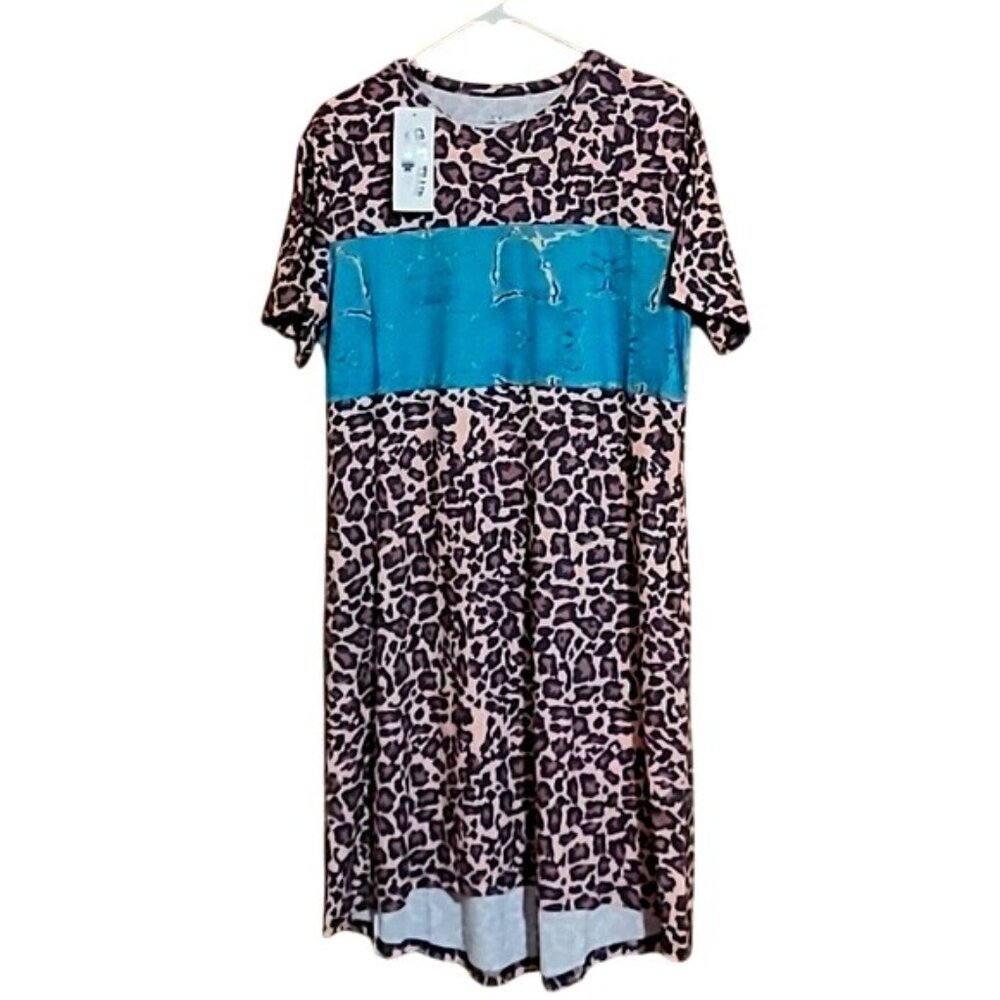 Leopard Print Midi Dress With Distressed Teal Accent By Crazy Train